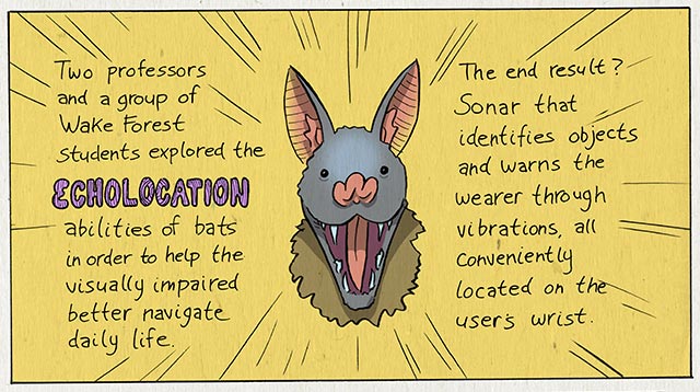 Two professors and a group of Wake Forest students explored the echolocation abilities of bats in order to help the visually impaired better navigate daily life. The end result? Sonar that identifies objects and warns the wearer through vibrations, all conveniently located on the user's wrist.