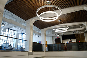 Upstairs lounge view of the ceiling lights.