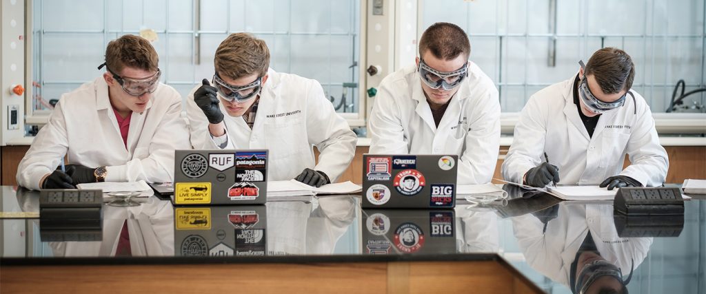 Wake Forest students work on separating components of a drug using chromatography in their organic chemistry lab at Wake Downtown.