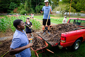 Wake Forest first year students in the SPARC pre-orientation group work in the campus garden.