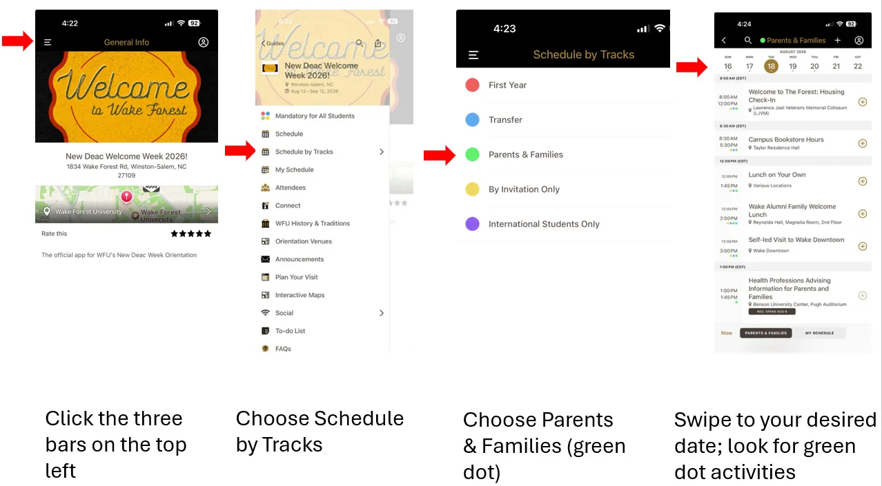 How to navigate to the Parents and Families orientation schedule for New Deac Week