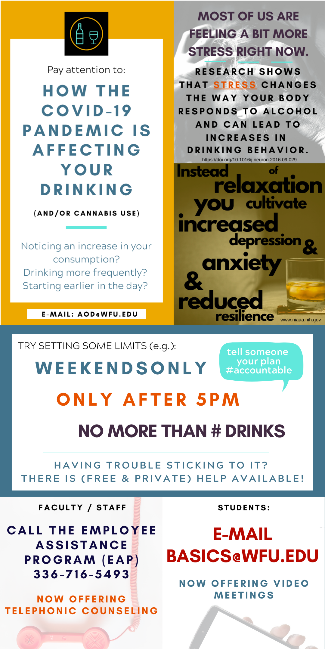 If you are concerned about your alcohol or drug use contact us at aod@wfu.edu