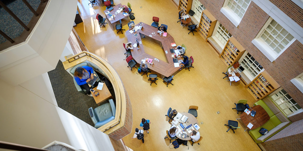 Wake Forest senior sociology major Kimberly Bowen ('17) studies on a balcony overlooking the atrium of the Z. Smith Reynolds Library on campus on Thursday, October 13, 2016.