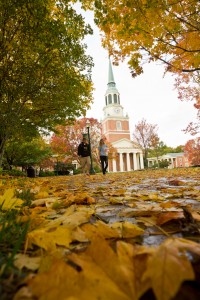 Fall leaves cover the brick walkways on Hearn Plaza, with Wait Chapel in the background, on the campus of Wake Forest University, Tuesday, October 26, 2010