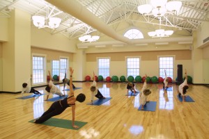 Yoga class held in the Miller Center at Wake Forest University, Wednesday, December 12, 2001. (WFU/Ken Bennett)