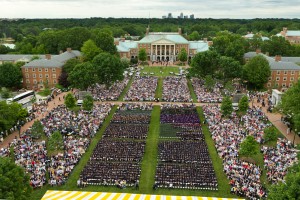 Wake Forest University holds its annual Commencement ceremony on Hearn Plaza on Monday, May 16, 2011. An aerial view of the ceremony from the chapel tower.