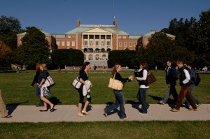 Students walk to class across Manchester Plaza on the campus of Wake Forest University.