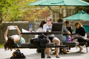 Students studying in Tribble Courtyard