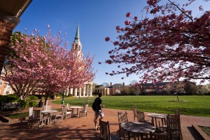 Wake Forest students cross Hearn Plaza (the Quad) on their way to class on a cool early spring morning on Monday, March 26, 2012.