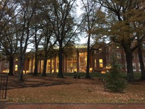 Farrell Hall in the early morning on an overcast fall day