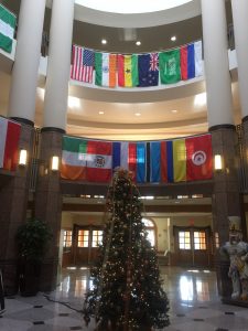 Benson Center decorated with holiday decor and international flags