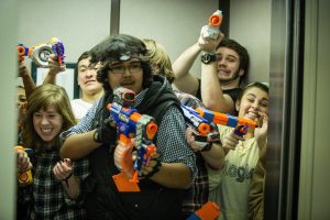 Wake Forest students play Humans versus Zombies in the Z. Smith Reynolds Library.