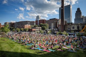 Bailey Park in downtown Winston-Salem holds their monthly public yoga class on Wednesday, June 28, 2017.