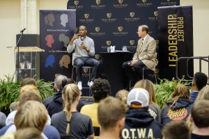 Basketball player Chris Paul talks with current student-athletes in the Miller Center as part of his Leadership Project visit to Wake Forest University on Wednesday, September 13, 2017. Athletic Director Ron Wellman has a conversation with Paul in front of the students.