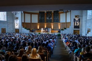 NBA basketball player Chris Paul visits Wake Forest, which he attended for two years, to talk about leadership as part of the Leadership Project with President Nathan O. Hatch, in Wait Chapel on Wednesday, September 13, 2017.