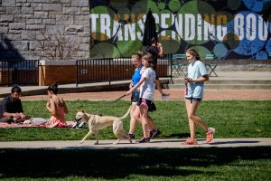 A Wake Forest student walks her dog with friends on Manchester Plaza as she enjoys a perfect early spring day.