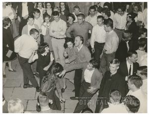 Wake Forest students dancing in defiance of a ban on campus dancing, 1966.