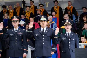 Wake Forest University holds its Commencement Ceremony on Hearn Plaza on Monday, May 21, 2018. Lieutenant Colonel Melissa Ringhisen, Chair of the Department of Military Science, performs the ROTC commissioning ceremony.