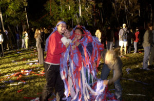 Wake Forest University Presidential Debate, October 11, 2000 -- Students roll the quad red, white, and blue after the debate is over.