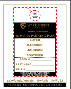 Move-In parking pass for Bostwick, Johnson, Babcock, and Luter halls