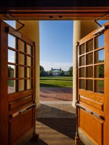 A view through the front doors and columns of Wait Chapel, on the campus of Wake Forest University, Friday, August 31, 2018.