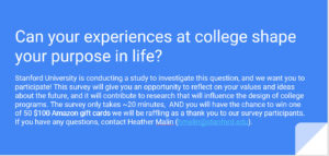 Survey about college experiences shaping your purpose in life