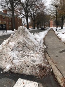 snow banks after a 14" snow on campus