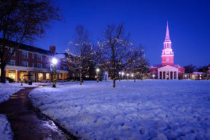 Heavy snow blankets the campus of Wake Forest University on Tuesday, December 11, 2018.