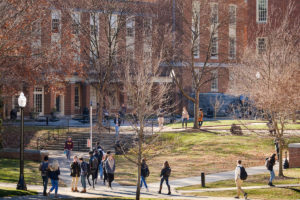 Wake Forest students walk across Manchester Plaza on their way to class on Wednesday, January 16, 2019.