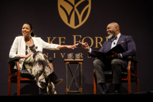 Tony award winning actress Renee Elise Goldsberry talks with Wake Forest School of Divinity professor Derek Hicks on stage at Wait Chapel on Friday, February 1, 2019 as part of the Arts of Leading conference.