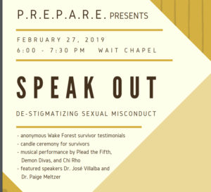 FLyer for Speak Out, February 27 6-7:30 pm in Wait Chapel