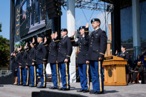 Wake Forest University holds its Commencement Ceremony on Hearn Plaza on Monday, May 20, 2019. ROTC cadets re-enact their commissioning ceremony on the stage.