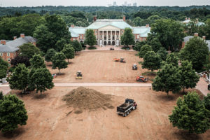 Renovations begin on Hearn Plaza as workers remove all the grass in preparation for drainage improvements and new grass, on the campus of Wake Forest University, Wednesday, June 5, 2019.