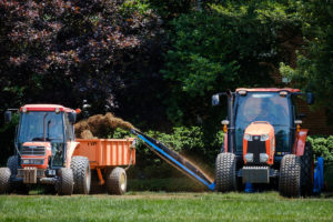 Renovations begin on Hearn Plaza as workers remove all the grass in preparation for drainage improvements and new grass, on the campus of Wake Forest University, Tuesday, June 4, 2019.