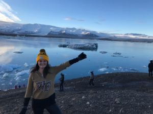 Grace O’Halloran ‘20 who is currently studying abroad in Florence, Italy. She is on her Fall break and is seen here in Iceland wearing her Deac attire