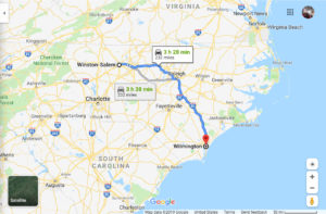 map from winston salem to wilmingon NC - 3 1/2 hours away