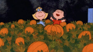 Linus and Lucy await the Great Pumpkin