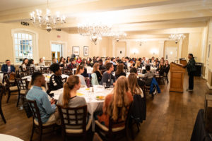 Wake Forest students discuss racial disparities in medicine during a "Dining Dilemma" event in Reynolda Hall on Wednesday, October 30, 2019, sponsored by philosophy and biology faculty. Dr. Brenda Latham-Sadler, Associate Dean of Student Inclusion and Diversity; Associate Professor of Community Medicine at Wake Forest School of Medicine, shares her personal story and her experiences with racism in medicine.