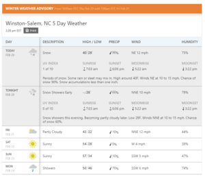 five day forecast showing snow