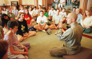A Buddhist Monk talks with WFU students about meditation during a Year of Religion Event. ©2002 Wake Forest University Office of Creative Services. Photo by Ken Bennett