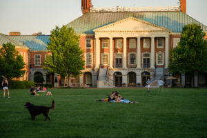 Wake Forest students enjoy a warm spring evening on Hearn Plaza on the last day of classes, Wednesday, April 26, 2017.