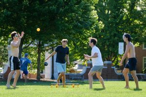 Wake Forest students play spikeball, or roundnet, on Hearn Plaza on Monday, May 4, 2020. The students are some of the few remaining on campus during the COVID-19 pandemic.