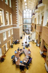 Wake Forest students are already crowding the atrium of the Z. Smith Reynolds Library on the first day of the Spring 2020 semester, Monday, January 13, 2020.