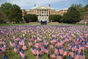 Wake Forest students walk past flags on Manchester Plaza, part of an anti-war protest on April 3, 2007.