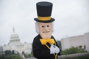 Wake Forest University hosts the Wake Washington Center Launch Event at the Newseum, on Thursday, October 12, 2017, in Washington, DC. (Photos by Leslie E. Kossoff/LK Photos) The Demon Deacon poses in front of the US Capitol.