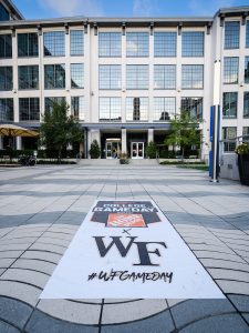 The ESPN College Gameday logo is applied to the sidewalk in front of Wake Downtown as Wake Forest prepares to host #1 Clemson, in downtown Winston-Salem on Wednesday, September 9, 2020