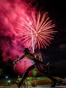Fireworks light up the sky over the Demon Deacon statue on the campus of Wake Forest University, Friday, September 11, 2020.