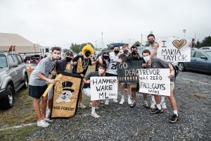 Wake Forest fans gather on a drizzly morning to watch the ESPN College Gameday broadcast on the big screen at the drive-in theatre in the Winston-Salem fairgrounds on Saturday, September 12, 2020.