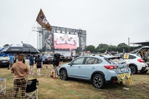 Wake Forest fans gather on a drizzly morning to watch the ESPN College Gameday broadcast on the big screen at the drive-in theatre in the Winston-Salem fairgrounds on Saturday, September 12, 2020.