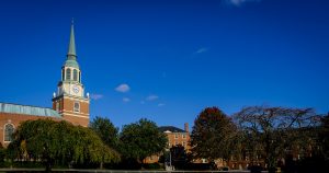 The bell tower of Wait Chapel rises over the campus of Wake Forest University, on Monday, September 21, 2020.